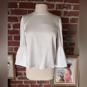 Alice+Olivia Cream Satin Bell Sleeve Blouse with Pearl Button Details on Sleeves